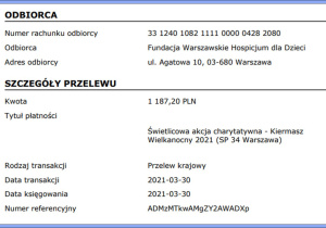 Potwierdzenie wpłaty na konto Fundacji Warszawskie Hospicjum dla Dzieci.