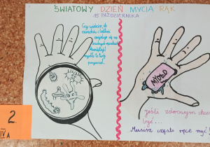 Praca, która zajęła drugie miejsce. Hasło plakatu - Piętnasty października, to Światowy Dzień Mycia Rąk.