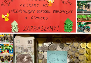 Plakat zapraszający do udziału w kiermaszu, zdjęcia ozdób wykonanych przez uczniów, zebrane pieniądze w kwocie 1644 złotych i 10 groszy.