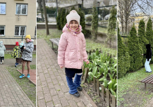 Uczniowie szukają jajek wielkanocnych w ogrodzie szkolnym.