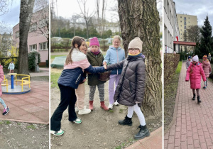 Uczniowie szukają jajek wielkanocnych w ogrodzie szkolnym.
