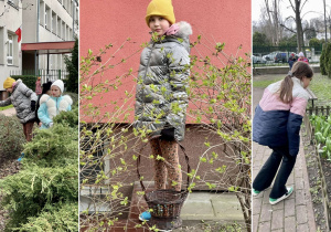 Uczniowie szukają jajek wielkanocnych w ogrodzie szkolnym.