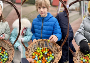 Uczniowie podczas częstowania się czekoladowymi jajeczkami wielkanocnymi.