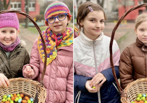 Uczniowie podczas częstowania się czekoladowymi jajeczkami wielkanocnymi.