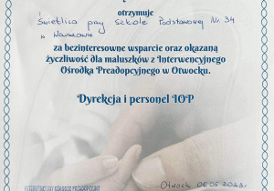 Podziękowanie od Interwencyjnego Ośrodka Preadopcyjnego.