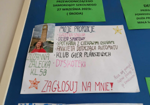 Plakat Zuzi z 5b promujący jej kandydaturę.