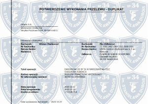 Potwierdzenie z banku wykonania przelewu na konto fundacji.