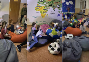 Uczniowie siedzą na pufach i łączą się w grupy do poszukiwań zagadek.