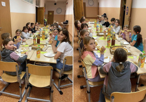 Zwięczeniem wyczerpujących poszukiwań, odpowiedzi i budowli był wieczorny poczęstunek - klasa 3a.