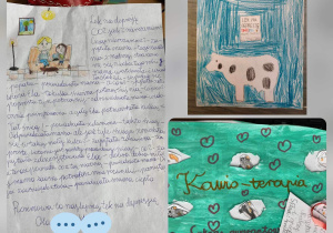 Prace uczniów z klas 1-3, którzy wzieli udział w konkursie. Zwierzęta zajmują szczególne miejsce na tych pracach.