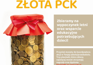 Plakt informacyjny podający informacje o zbiórce groszy. na zdjęciu widać słoik wypełniony "złotymi" monetami.