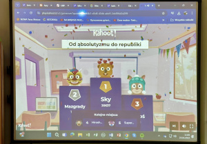 Na tablicy multimedialnej widać podium z pierwszymi pięcioma miejscami par, które najszybciej ukończyły test.