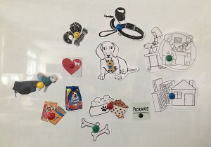 Tablica z przeczepionymi odpowiedziami na pytania.