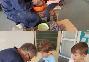 Uczniowie w trakcie zajęć toczyli gliniane miseczki na kole garncarskim.