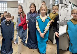 Uczniowie przymierzają fartuchy wypełnione ołowiem, które zakłada osoba towarzysząca pupilowi podczas badania.