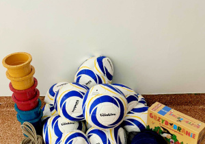 Na zdjęciu widać sprzęt sportowy otrzymany w ramach akcji: zestaw piłek do piłki nożnej, miniszczudła z bioplastiku, grę "Grzybobranie oraz zestawy łapaczy na rzepy.