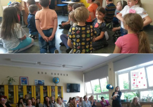 Wychowawca z grupą podczas quizów:Jaka jest moja mama? Jakie jest moje dziecko?