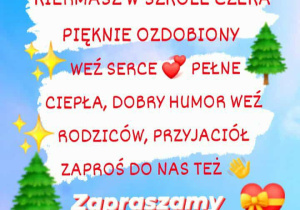 Mikołajkowy czas już biegnie w nasze strony! Kiermasz w szkole czeka pięknie ozdobiony. Weź serce pełne ciepła, dobry humor weź, rodziców, przyjaciół zaproś do nas też. Zapraszamy 4 grudnia 2025 roku. Start - godzina 16:00