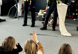 Funkcjonariuszki prezentuja sprzęt od odławiania węży: metalowy hak oraz profesjonalny worek do transportu.