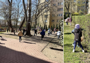 Uczniowie szukają jajeczek w ogrodzie szkolnym.