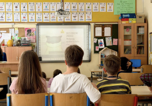 Uczniowie oglądają filmik edukacyjny o kocich oczach.