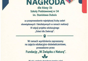 Nagroda dla klasy 1b za przeprowadzenie największej liczby zadań w ramach realizacji projektu.