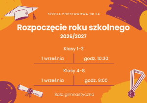 Rozpoczęcie roku szkolnego 2026/2027 odbędzie się 1 września 2026 roku w dużej sali gimnastycznej: klasy 1-3 o godzinie 10:30; klasy 4-8 o godzinie 9:00.