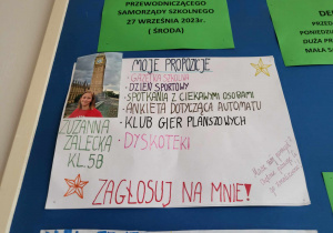 Plakat Zuzi z 5b promujący jej kandydaturę.