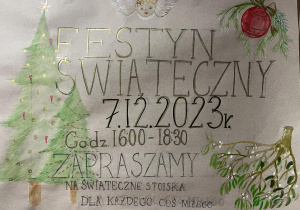 Plakat inforujący o wydarzeniu i zapraszający na festyn świąteczny.