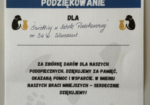 Podziękowanie dla Swietlicy szkolnej od schroniska.