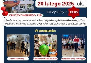 Plakat przedstawiający informacje o spotkaniu dla rodziców i przyszłych pierwszoklasistów.