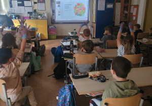 Dzieci siedza w ławkach i oglądają prezentację multimedialną.