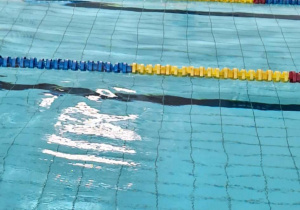 Uczeń pływa z deską w basenie.