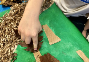 Uczniowie przyklejają liście, jako korony drzew.