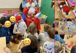 Wizyta Świętego Mikołaja w naszej klasie. Dzieci bawią się prezentami które dostały od Mikołaja.