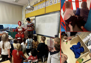 Wizyta Świętego Mikołaja w naszej klasie. Dzieci bawią się prezentami które dostały od Mikołaja.