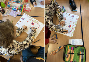 Druga grupa dzieci przygotowuje plakat z tradycjami świątecznymi na świecie.