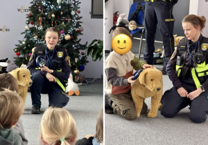 Funkcjonariuszka prezentuje dzieciom czytnik do mikrochipów. Mikroczip to urządzenie elektroniczne (transponder) wielkości ziarnka ryżu, wszczepiane pod skórę zwierzęcia w celu jego trwałej identyfikacji. Zawiera unikalny 15-cyfrowy numer, który po odczytaniu specjalnym skanerem u weterynarza pozwala przypisać zwierzę do danych właściciela w bazie, ułatwiając odnalezienie zaginionego pupila. Uczeń za pomocą czytnika próbuje odczytać czip.