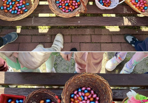 W każdej klasie były cztery grupy. Każda grupa miała koszyk. W każdym koszyku są jajeczka.