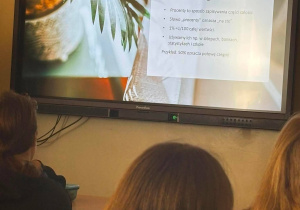 Uczniowie siedzą w ławkach i oglądają prezentację.