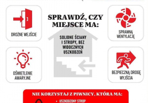Decyzja podczas alarmu: co robić, gdy jesteś w pomieszczeniu? Piwnica lub garaż mogą być miejscem schronienia. Sprawdź, czy miejsce ma: solidne ściany i stropy, bez widocznych uszkodzeń; drożne wejście, sprawną wentylację, oświetlenie awaryjne i bezpieczną drogę wyjścia. Nie korzystaj z piwnicy, która ma: uszkodzony strop, pęknięcia konstrukcyjne, przebiega przez nią instalacja gazowa, tylko jedno łatwe do zablokowania wyjście.