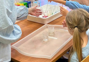 Na zdjęciu widać dzieci uczestniczące w zajęciach laboratoryjnych.